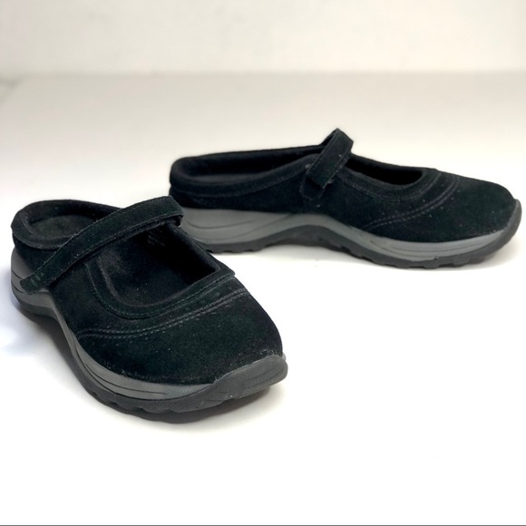 L.L.Bean suede Mary Jane mule slip on shoes hook and loop adjustable strap black - Picture 1 of 11